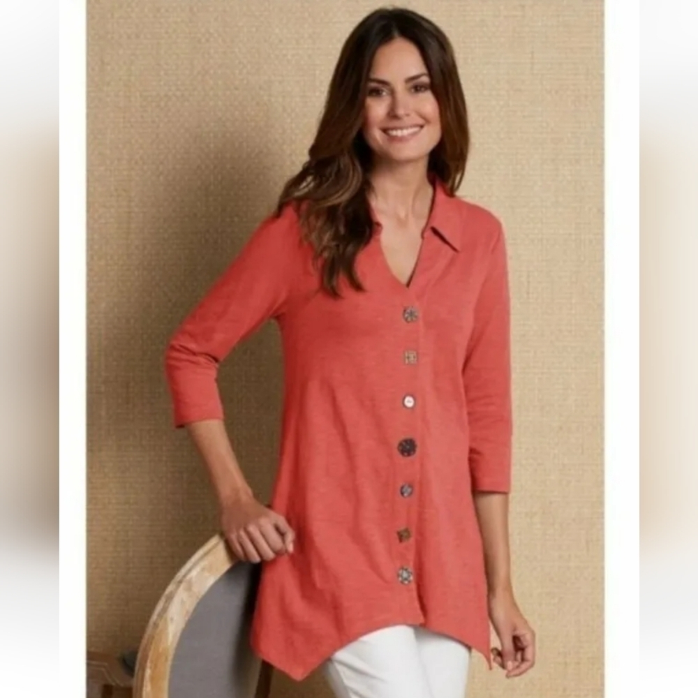 Soft Surroundings Lagenlook Vintage Inspired Mixed Button Down Danielle Tunic M